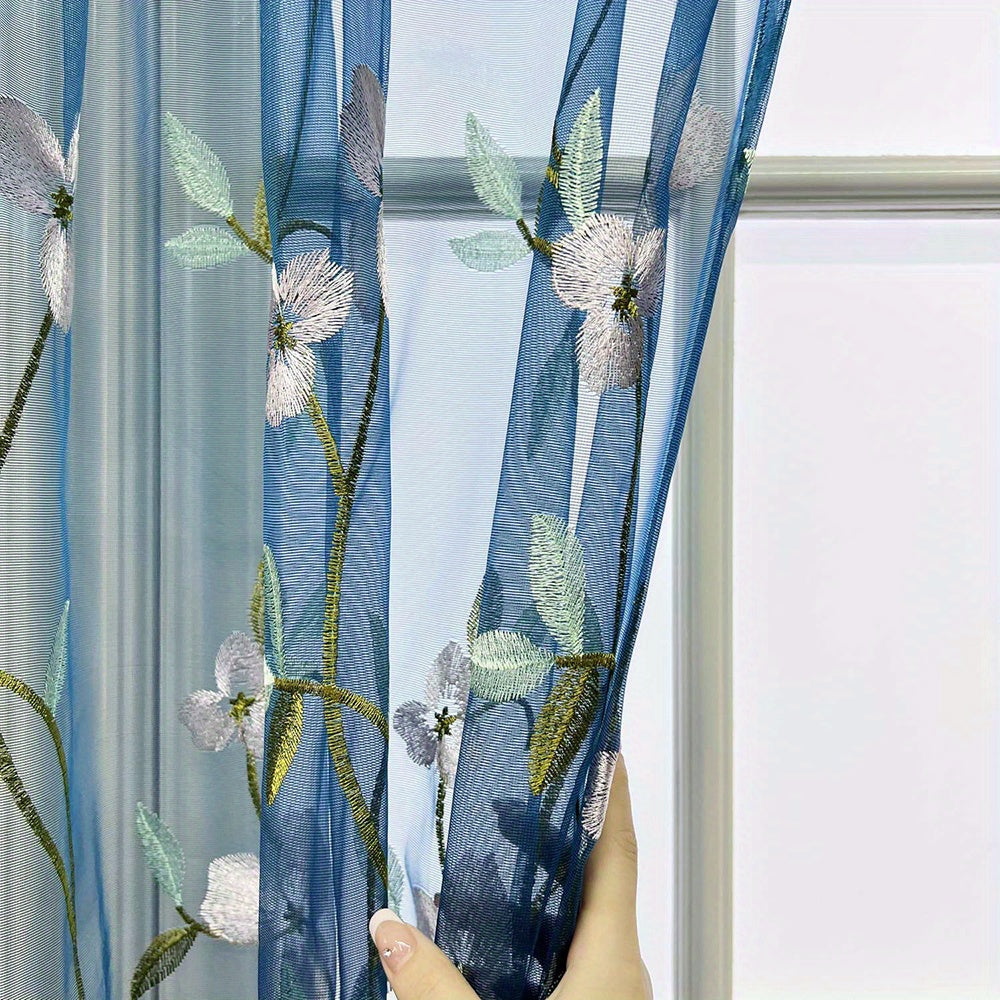 Floral Embroidered Sheer Curtain Rod Pocket Rustic Voile Sheer Window Tulle
