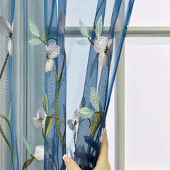 Floral Embroidered Sheer Curtain Rod Pocket Rustic Voile Sheer Window Tulle
