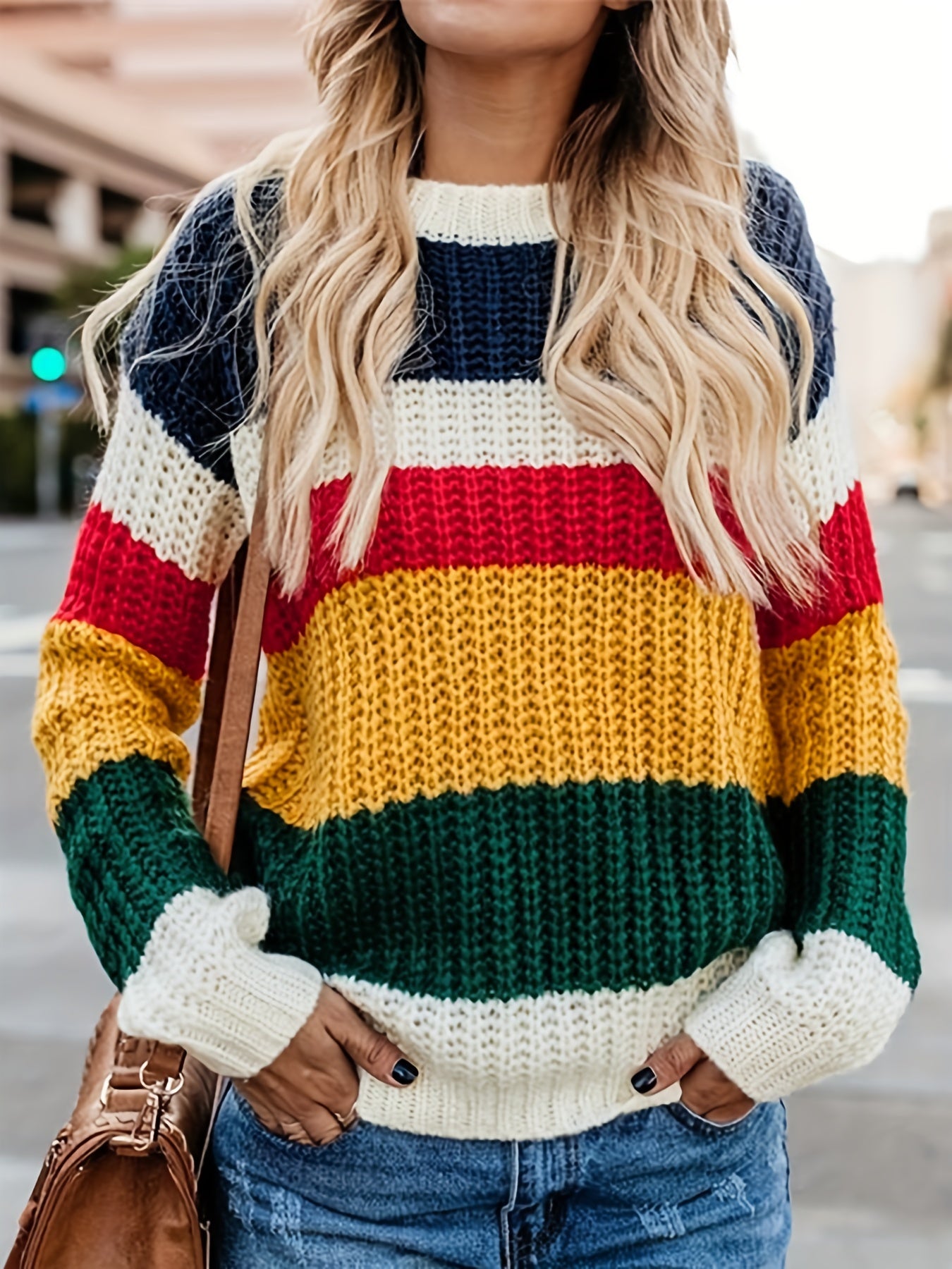Casual Crew Neck Pullover Sweater Long Sleeve Drop Shoulder