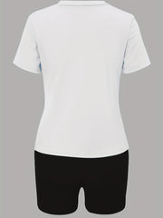 Smile Face Print 2pc Set Crew Neck Tee & Workout Shorts Women's Clothing