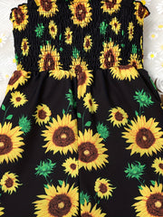 Girl's Sunflower Print Shirred Jumpsuit for Summer Vacation