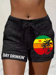 Sunset & Letter Print Drawstring Summer Shorts