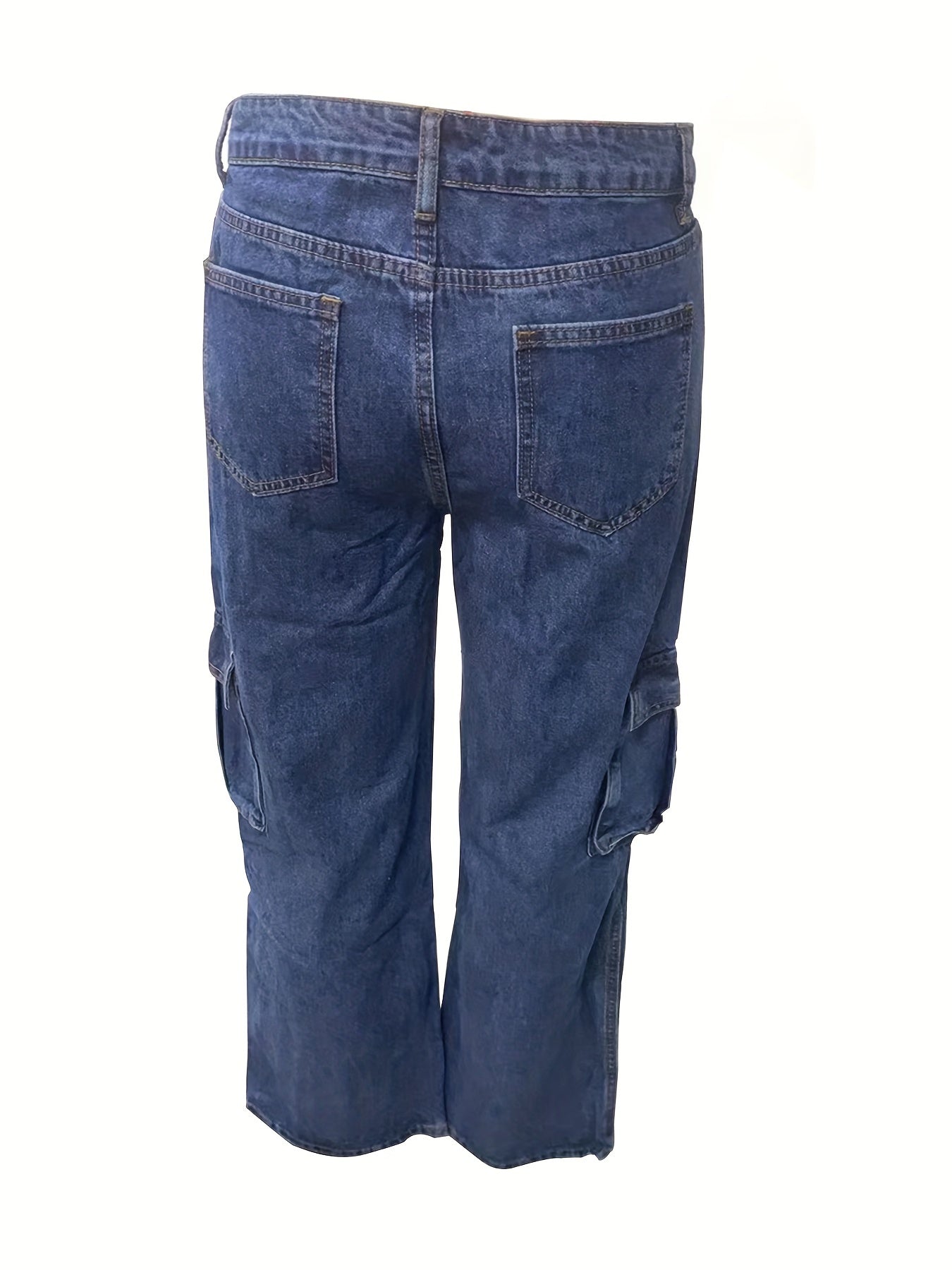 Dark Cargo Pants Flap Pockets Loose Fit Non Stretch Denim Y2K Style