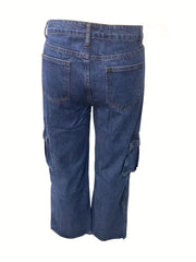 Dark Cargo Pants Flap Pockets Loose Fit Non Stretch Denim Y2K Style