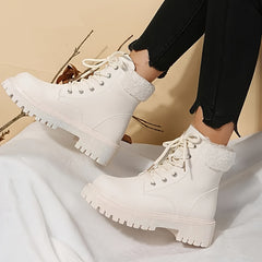 Women's Faux Leather Platform Snow Boots Plush Heel Ankle Combat Boots