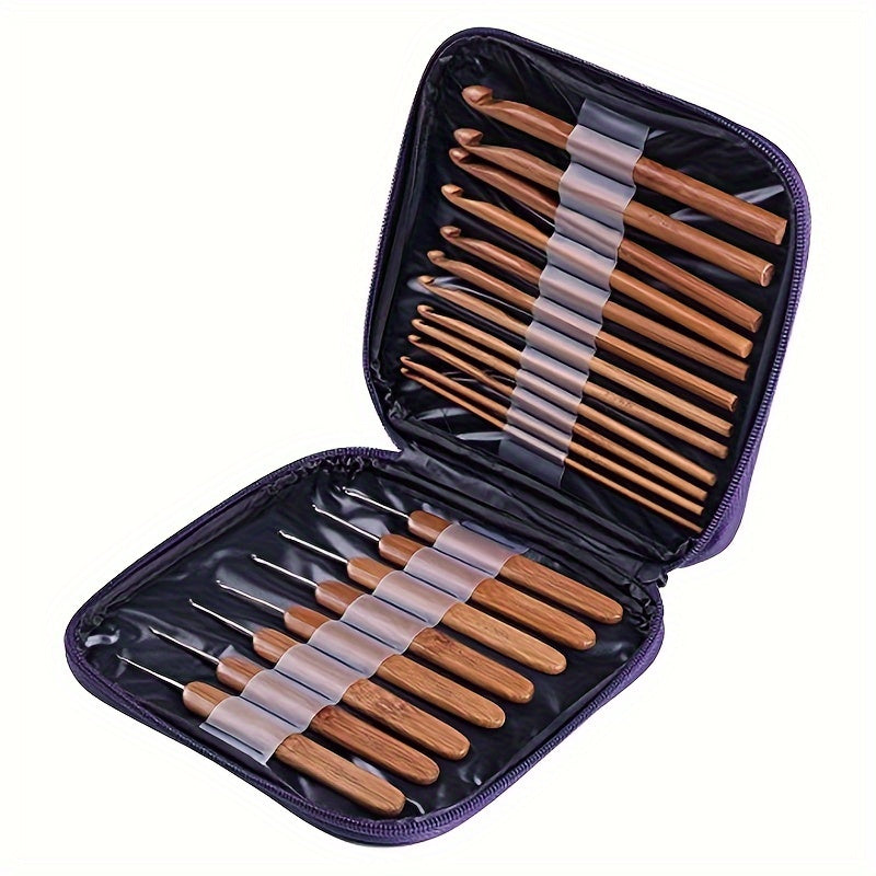 21pcs Bamboo Handle Crochet Kit Knitting Lace Hook Set with Case