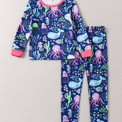 Kids' 2pcs Pajamas Set Jellyfish Whale Print Long Sleeve Top & Pants