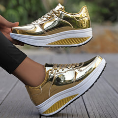 Metallic Lace-up Wedge Sneakers Low Walking Shoes