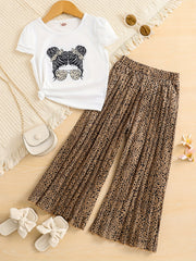 Girls Cartoon Portrait Print T-shirt & Polka Dot Pants Set for Summer