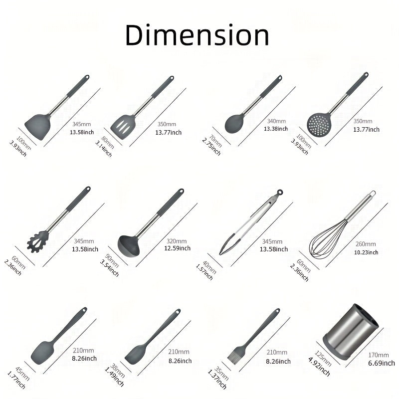 12pcs Silicone Kitchen Utensil Set With Stainless Steel Handle
