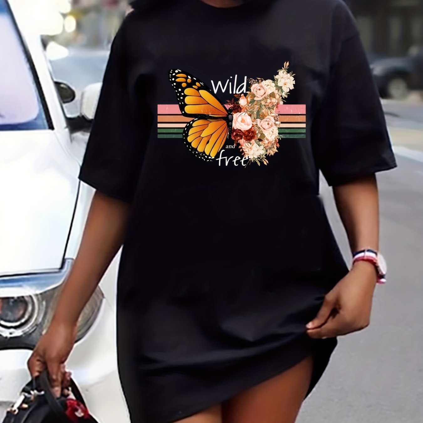 Floral Butterfly Print Round Neck Tee Dress