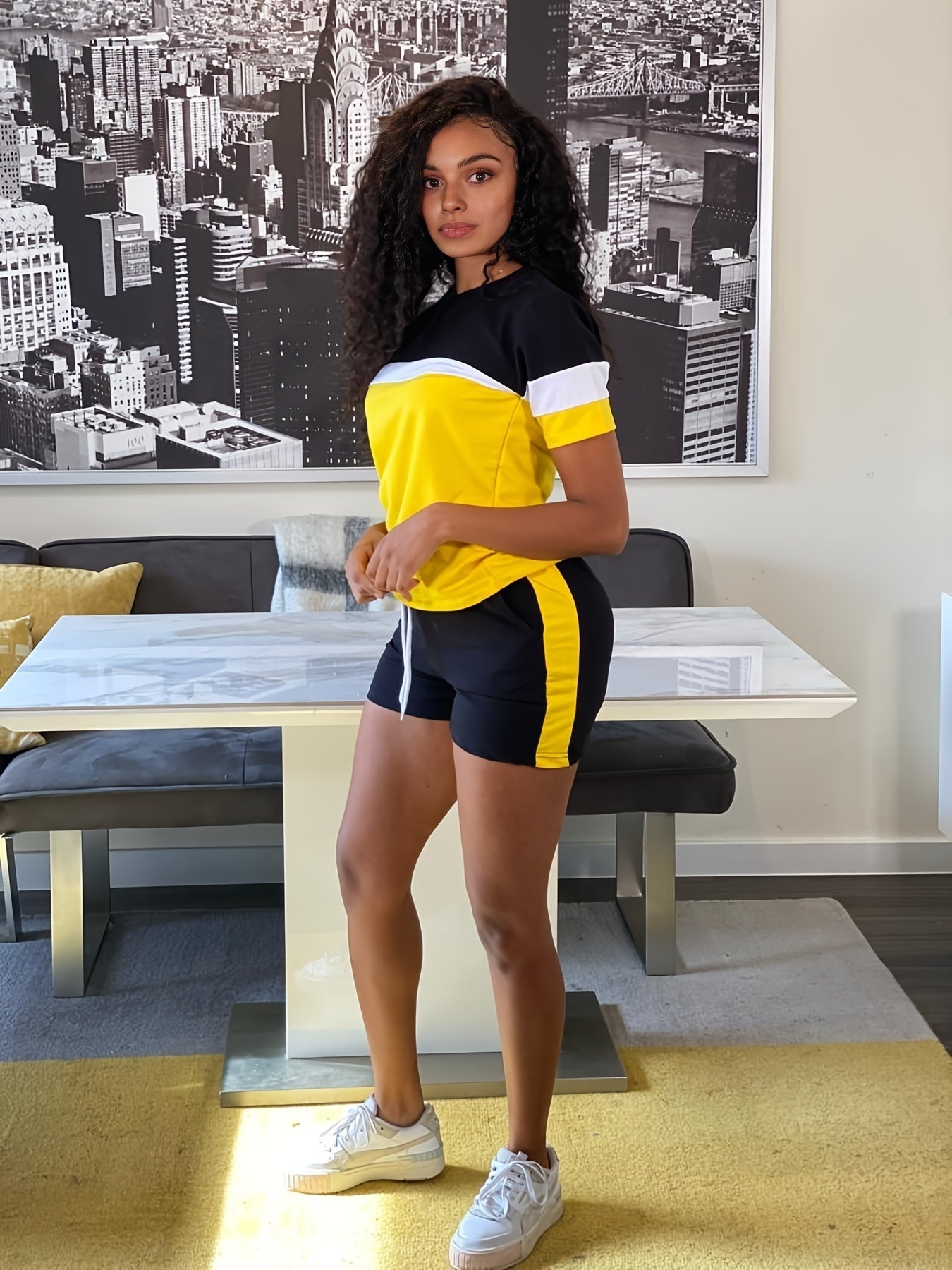 Casual Two piece Set Block T shirt & High Waist Drawstring Shorts Outfits