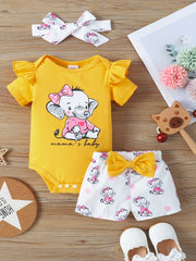 3pcs Baby Girls Elephant Short Sleeve Onesie & Shorts & Headband