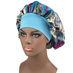 Printed Wide Ribbon Hair Cap Satin Bonnet for Women