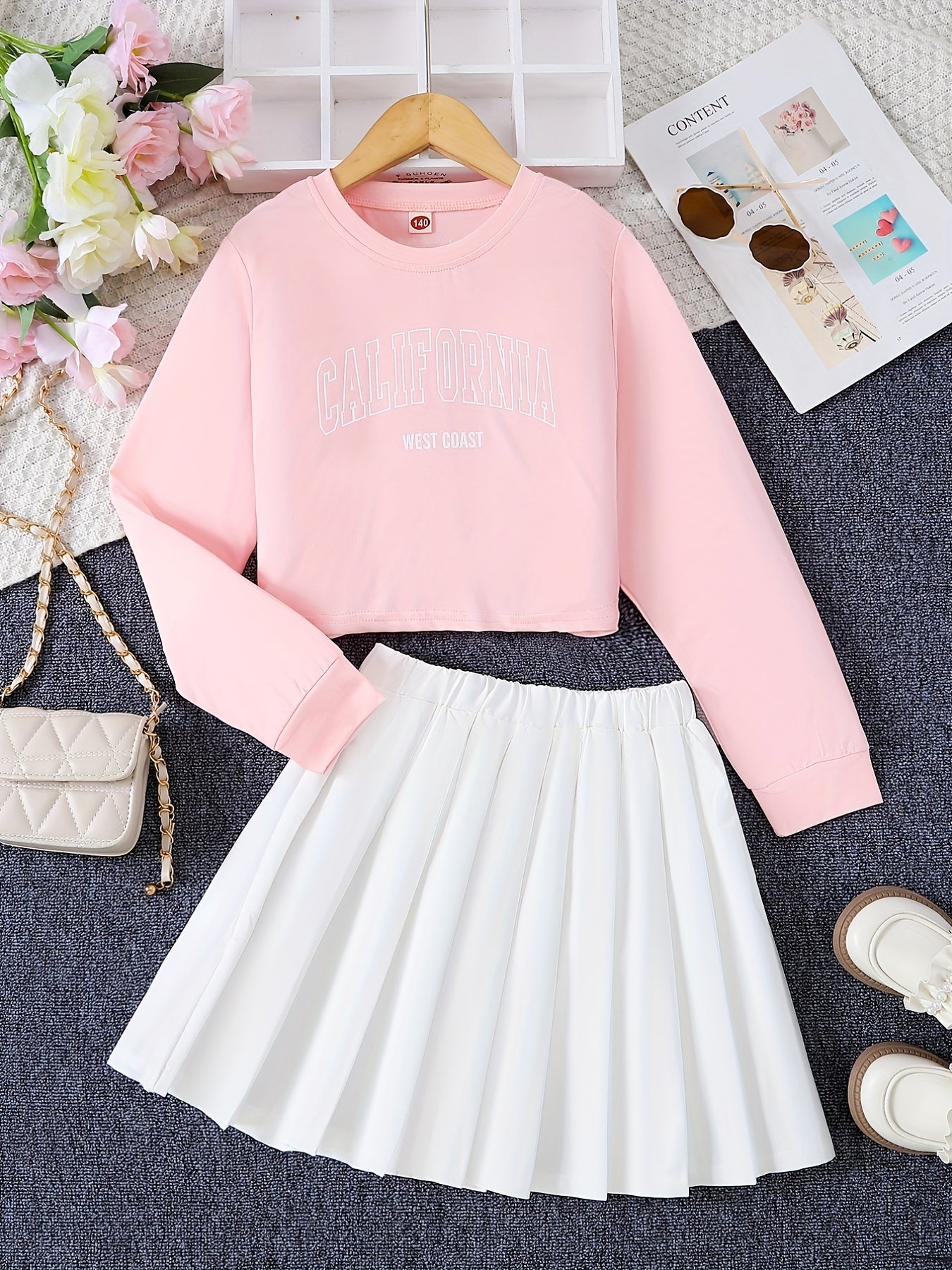 2pcs Girls Number Print T Shirt Crop Top & Skirt Set Kids Clothes