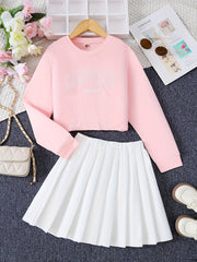 2pcs Girls Number Print T Shirt Crop Top & Skirt Set Kids Clothes
