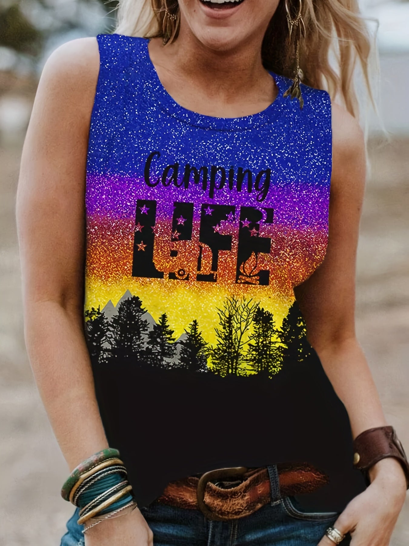 Graphic Print Crew Neck Tank Top Summer Sleeveless Women's Top