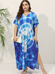 Boho Cover Up Women's Plus Spiral Tie Dye Batwing Sleeve V Neck Loose