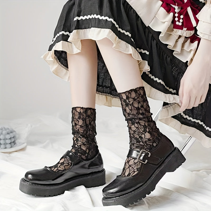 Floral Mesh Socks - Women's Mid Tube Stockings & Hosiery