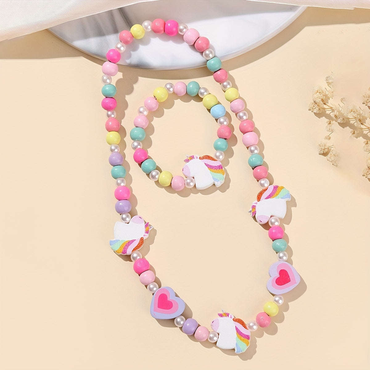 2pcs Cartoon Animal Beaded Necklace Bracelet Set for Girls