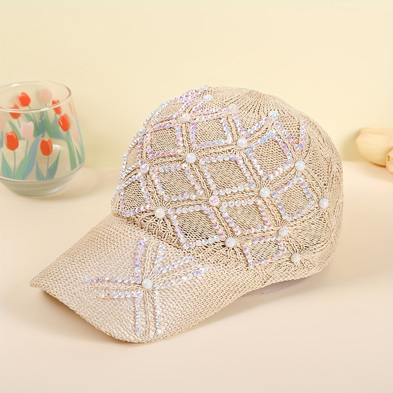 Beige Knit Baseball Cap with Faux Pearl Rhinestone Decor
