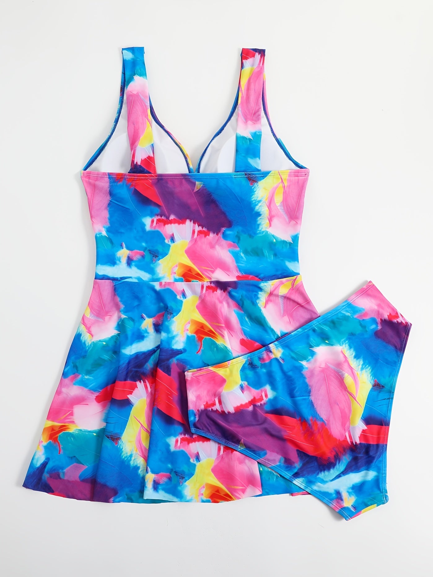 Feather Print Tank Dress & Panty Swimsuit Set 2pcs
