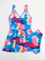 Feather Print Tank Dress & Panty Swimsuit Set 2pcs