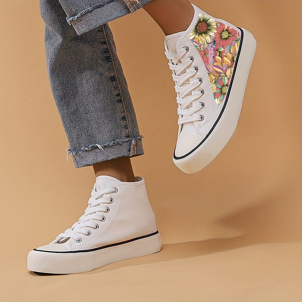 Women's High Top Canvas Shoes with Flower Pattern and Platform Sole
