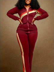 Striped Print Retro 2-Piece Set Zip-Up Jacket & Wide Leg Pants