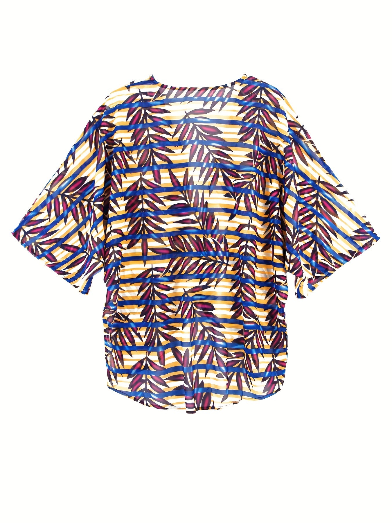 Leaf Print V Neck Cover Up Shirt Loose Fit Long Sleeves Non Stretch