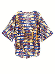 Leaf Print V Neck Cover Up Shirt Loose Fit Long Sleeves Non Stretch