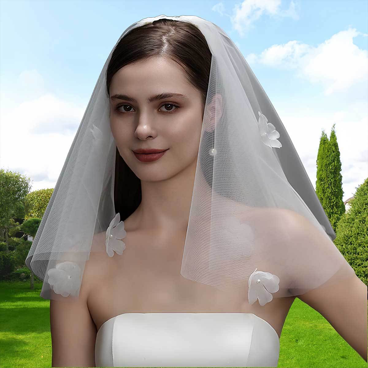 Romantic Bridal Veil with Flower Accents Sheer Wedding Accessory