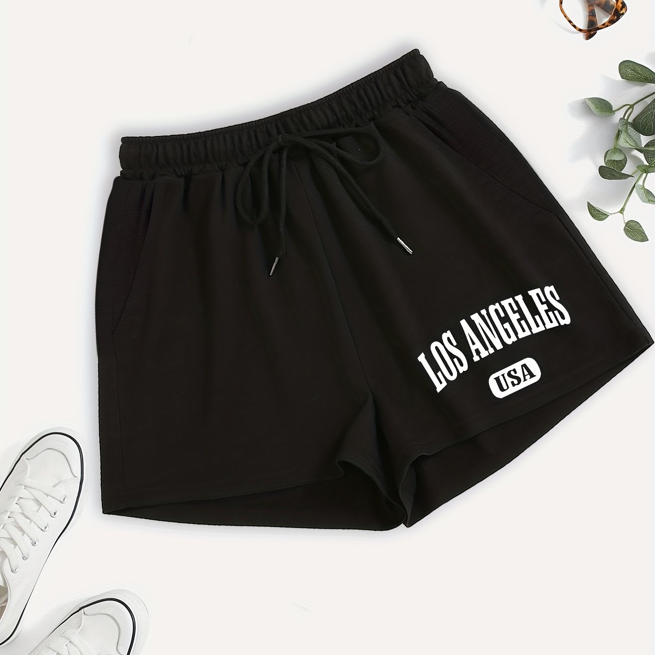 Los Angeles Letter Print Hotpants Drawstring Waist Casual Shorts