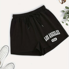 Los Angeles Letter Print Hotpants Drawstring Waist Casual Shorts