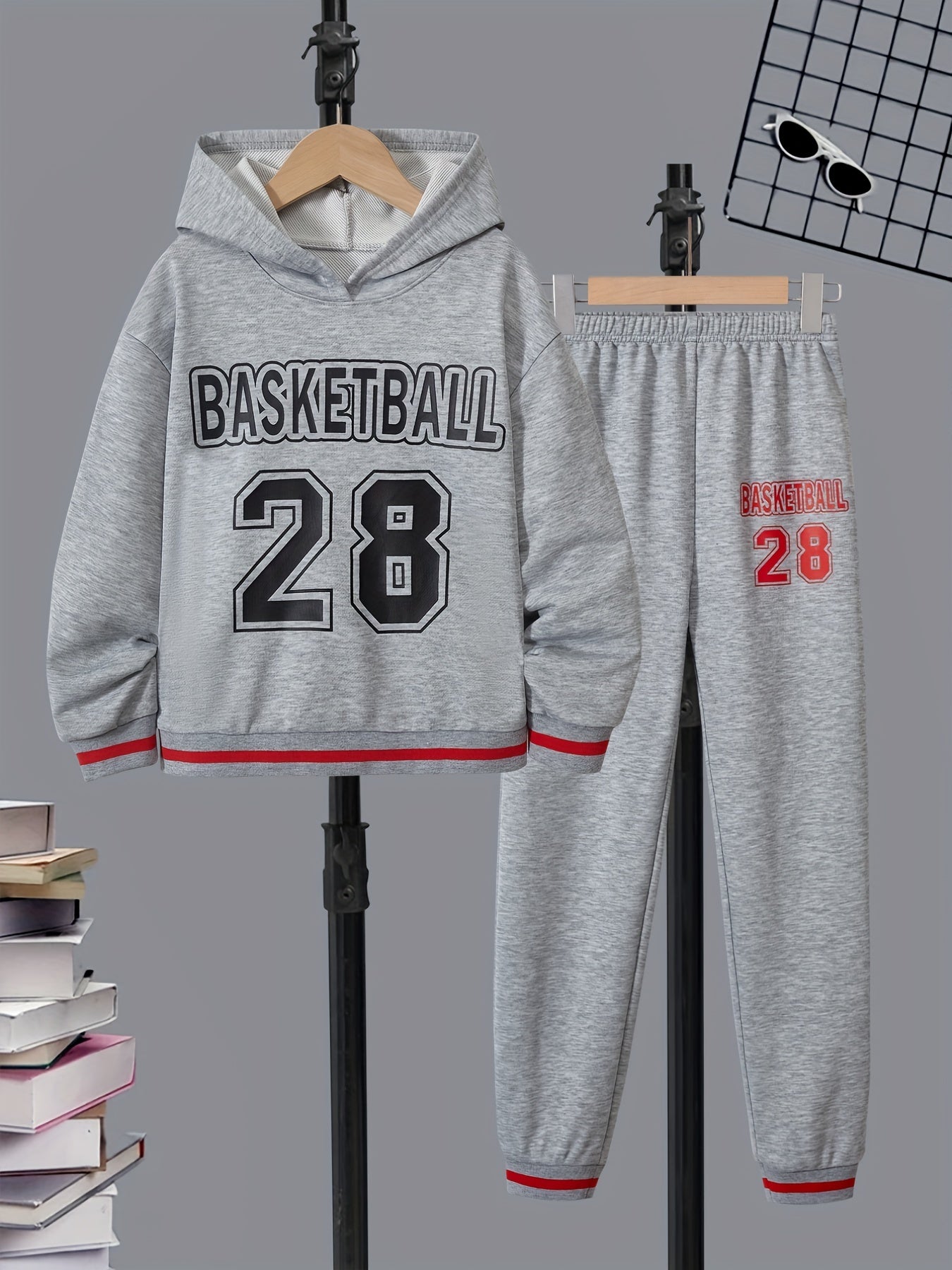 Boy's Basketball Print Hoodie & Sweatpants Set for Spring Fall