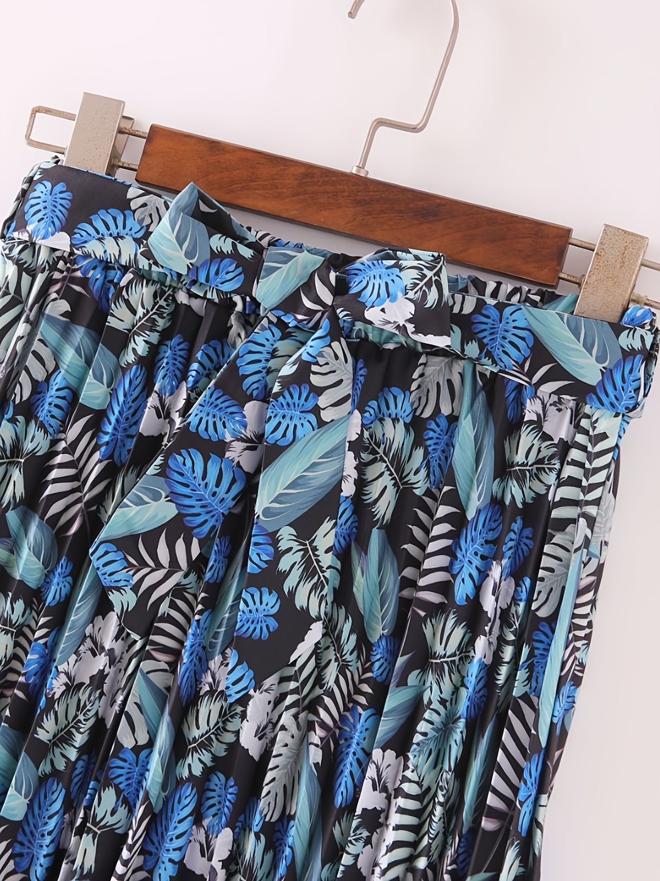 Boho Leaves Print Pleated Skirt with Tie Waist