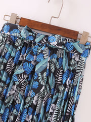 Boho Leaves Print Pleated Skirt with Tie Waist