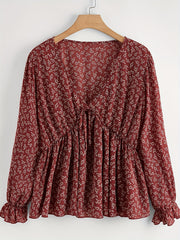 Boho Blouse Women's Floral Print Tie Front V Neck Peplum Top