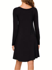 Solid Dress Casual Crew Neck Long Sleeve Versatile Dress