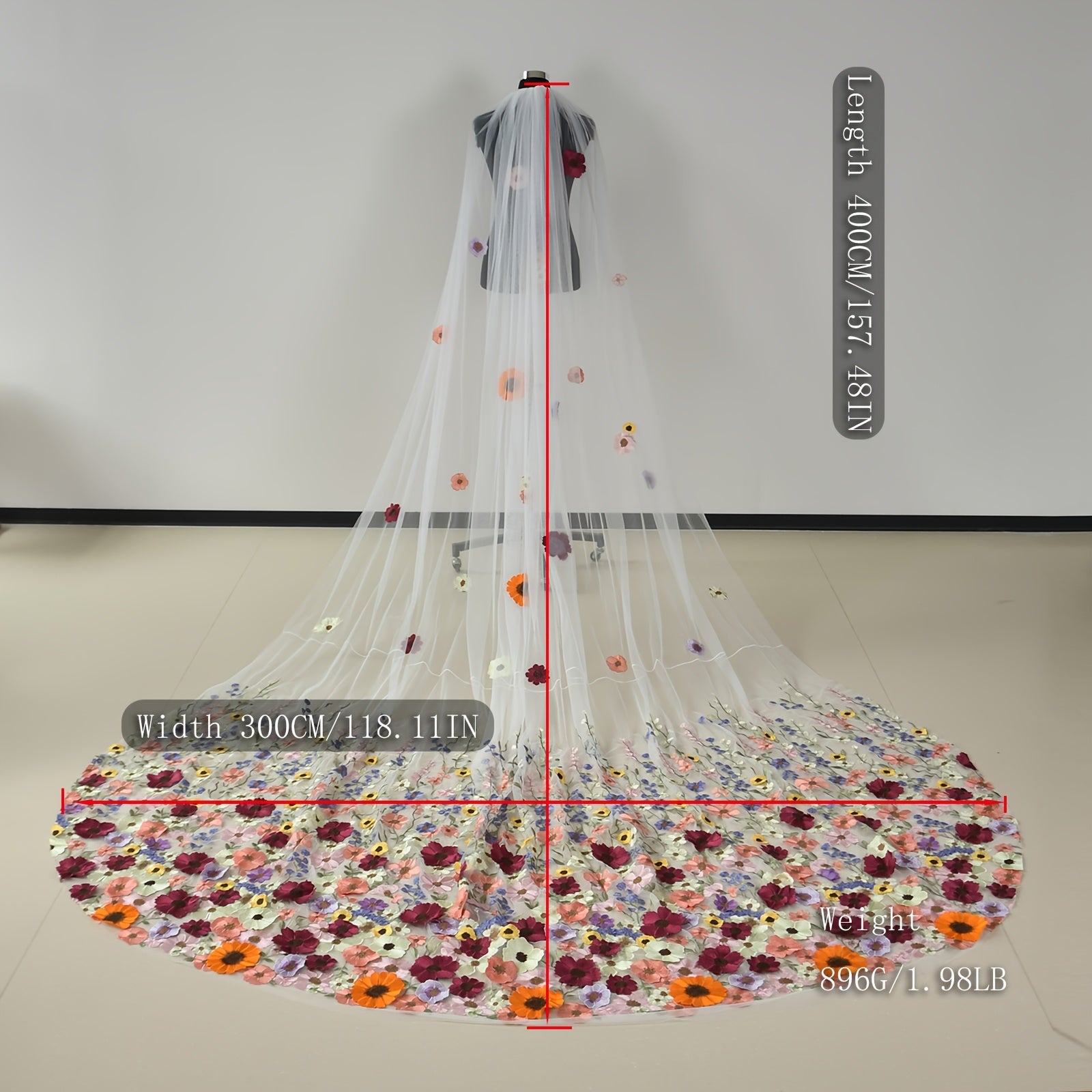 Bridal Veil with 3D Floral Embellishments Long Train Romantic Wedding Accessory