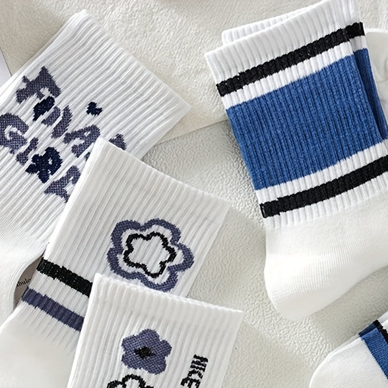 8 Pairs Letter & Striped Print Mid Tube Socks for Women