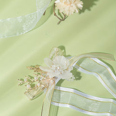 Mesh Bow Streamer Wristband Resin Flower Faux Pearl Crystal