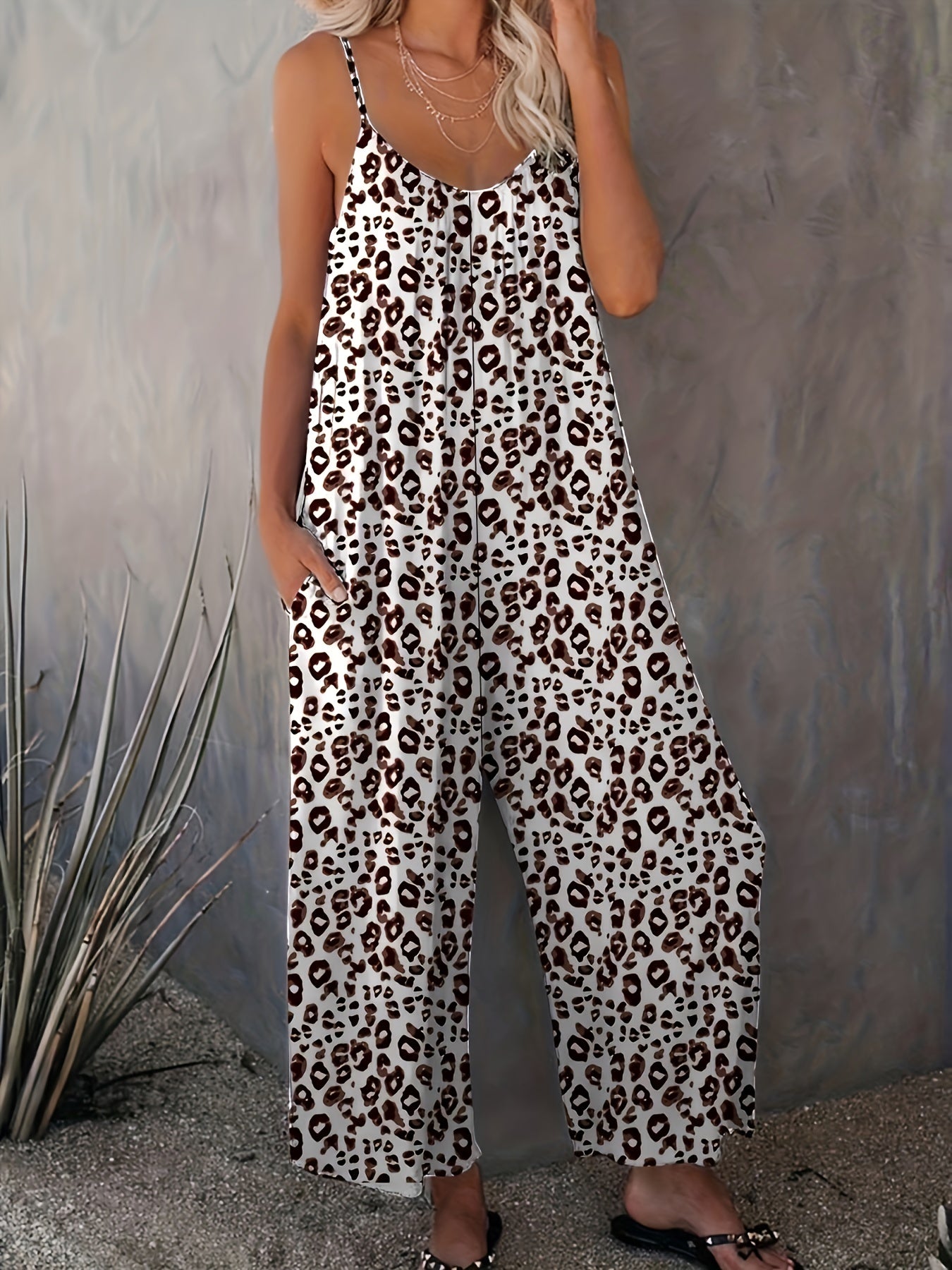 Leopard Print Wide Leg Jumpsuit Sleeveless Casual Jumpsuit