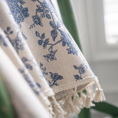 American Flower Cotton and Linen Curtain with Beige Fringed