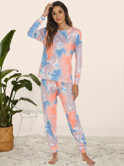 Tie Dye Print Lounge Set Long Sleeve Crew Neck Top & Elastic Waistband Pants