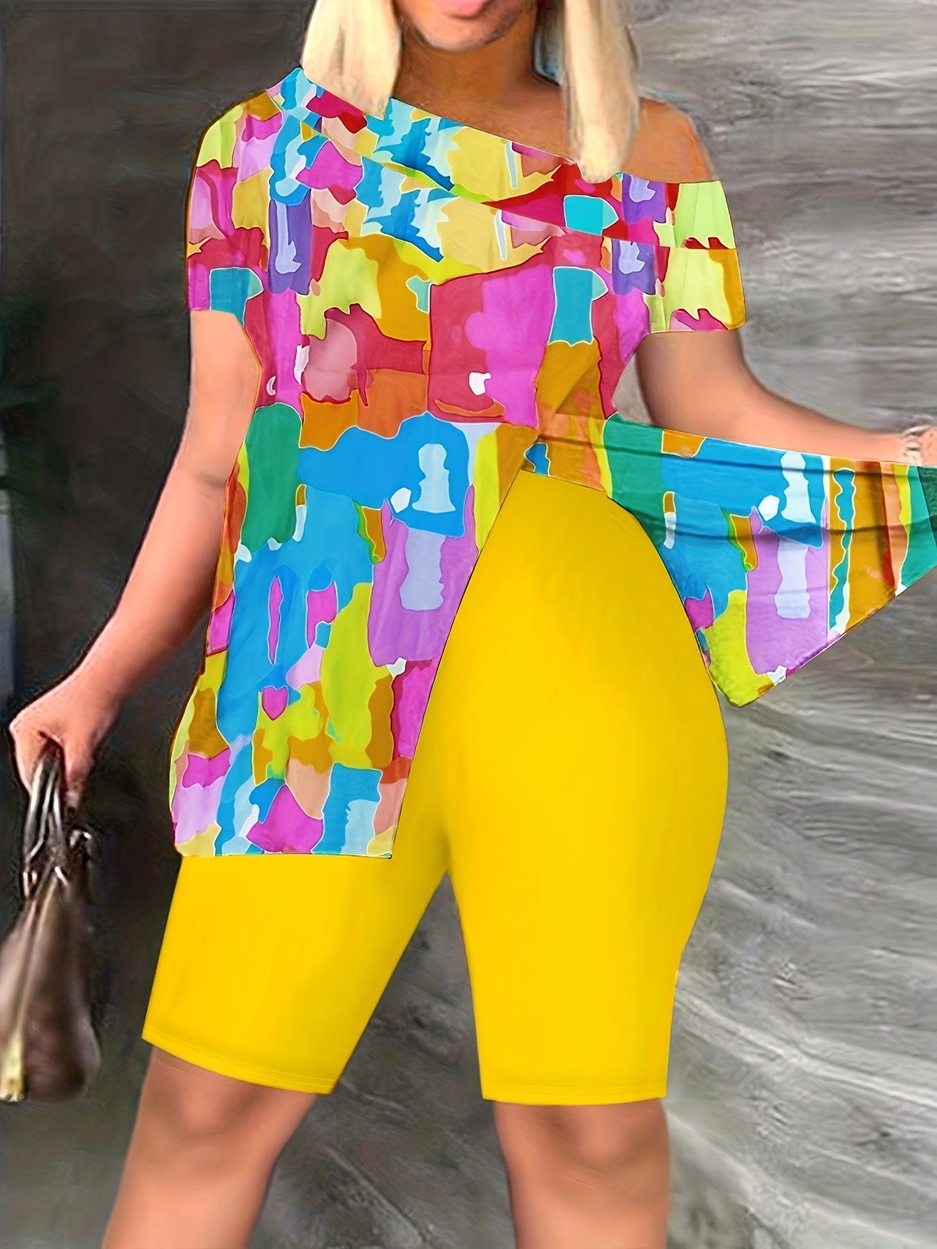 Graphic Print Matching Two piece Set Casual Short Sleeve Off Shoulder T shirt