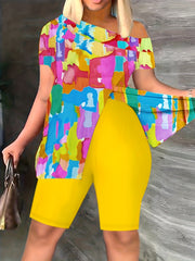 Graphic Print Matching Two piece Set Casual Short Sleeve Off Shoulder T shirt