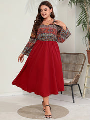 Colorblock Tribal Print Long Sleeve V Neck Maxi Dress