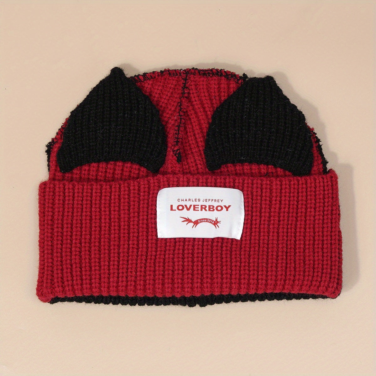 Pig Ears Label Beanie Splicing Warm Knitted Hat