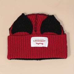Pig Ears Label Beanie Splicing Warm Knitted Hat